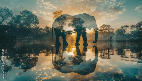 Elephant enclosure, majestic animals, natural habitat close up, focus on, copy space, grand and powerful, Double exposure silhouette with elephants