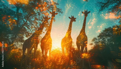 Giraffes feeding in safari park, close up, focus on, copy space, colorful scenery, Double exposure silhouette with long necks