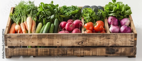 A rustic wooden crate filled with a variety of fresh vegetables, including carrots, cucumbers, radishes, tomatoes, and lettuce, on a white background.