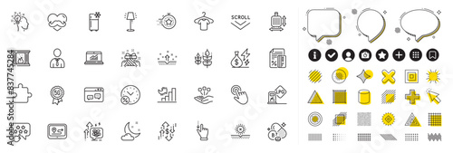 Set of No sun, Online statistics and Scroll down line icons for web app. Design elements, Social media icons. Puzzle, Timer, Gift icons. Consolidation, Refrigerator, Stress grows signs. Vector
