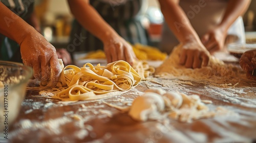 Several people are making fresh pasta by hand on a wooden surface scattered with flour, creating an artisanal cooking atmosphere