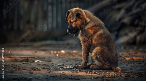 A mournful pup sits alone, ears drooping and tail tucked in sadness.
