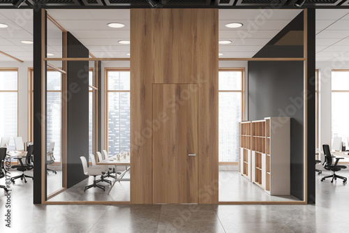 Modern office conference room interior with table and chairs, door and window