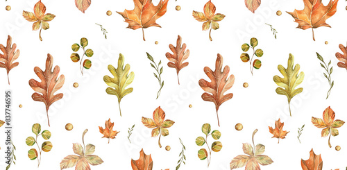 Seamless Pattern Autumn Bright Leaves. Watercolor Succulent Illustration. White Background. For Home Textiles, Wallpaper, Packaging, Website Design, Blogs, Postcards