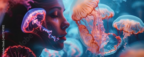 Jellyfish exhibit, floating creatures, ethereal glow close up, focus on, copy space, soft and luminous, Double exposure silhouette with jellyfish
