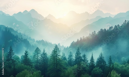 Majestic mountains, dense forest, clear sky close up, focus on, copy space, vibrant greens, Double exposure silhouette with pine trees