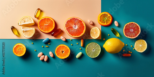 Vitamin Tabletten und frisches Obst auf dem Tisch. Bunter Hintergrund. Healthcare Produkte.