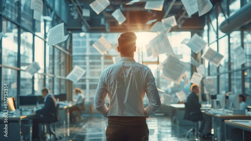 Businessman in modern office with documents flying everywhere sunlight streaming through windows