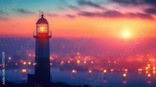 Modern lighthouse, twilight, city skyline in background close up, focus on, copy space Double exposure silhouette with urban coast