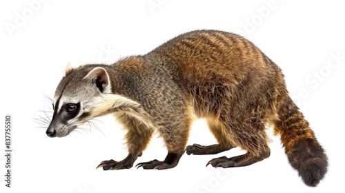 The coatis fur is a mixture of brown and tan with distinct black and white markings around its eyes