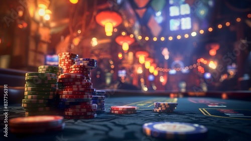 9. Envision the sense of scale conveyed by the low-angle perspective, as the towering chip stacks dwarf everything else on the gaming table, underscoring the magnitude of the risks and rewards at