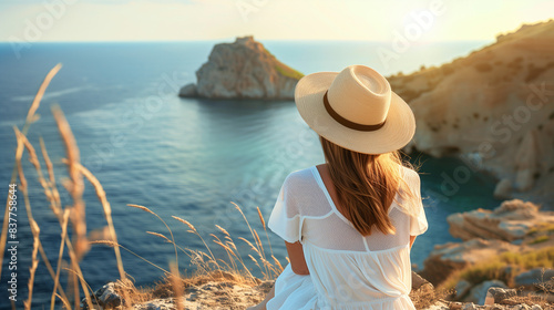 Relaxing Woman Enjoying a Weekend Getaway Near the Ocean admiring the beautiful ocean view from the cliff