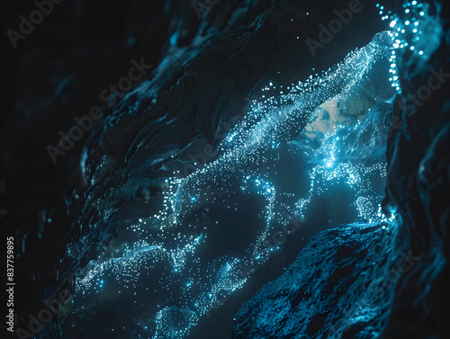Bioluminescent glowworms casting an ethereal light within the depths of a dark cave.