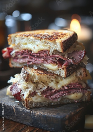 Reuben Sandwich - Reuben sandwich with corned beef, sauerkraut, and Swiss cheese. 