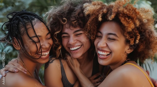 Close shot of three female friends with diverse hairstyles sharing a joyful moment, laughter echoing friendship