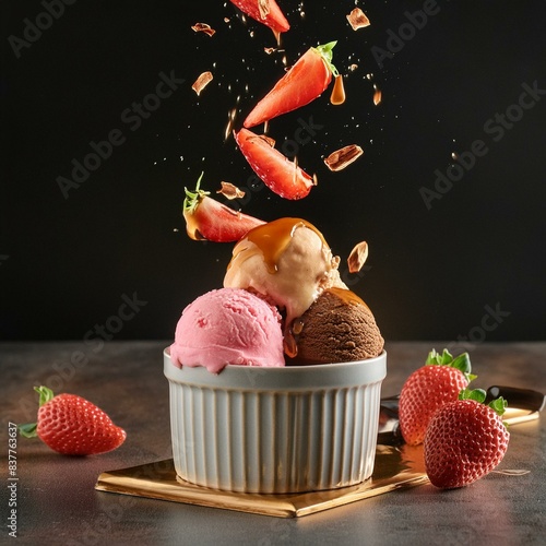 boules de glace fraise et chocolat et caramel éclatant dans l’air avec un fond noir
