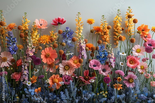 A floral arrangement of wildflowers arranged vertically along a wall or neatly arranged on a surface. Natural background.