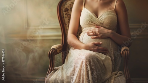 A pregnant woman in a white dress sitting on an old chair, AI