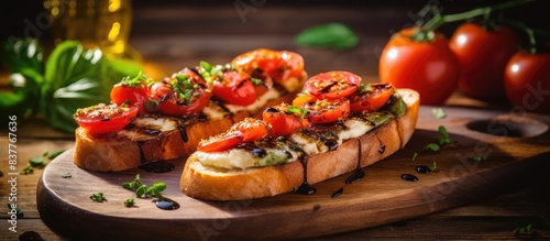 Tomato and cheese fresh made bruschetta. Italian tapas, antipasti with vegetables, herbs and oil on grilled ciabatta and baguette bread.