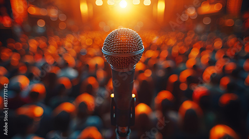 Close-up of a microphone and a blurry background of a crowd of concertgoers or a political speech to people in front of the stage