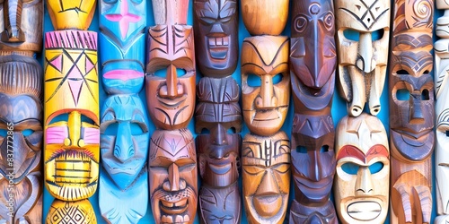 Assortment of cartoon tiki masks Hawaiian totem heads and wooden African faces. Concept Caribbean decor, Tribal art, Polynesian masks, Ethnic wooden statues, Exotic collectibles