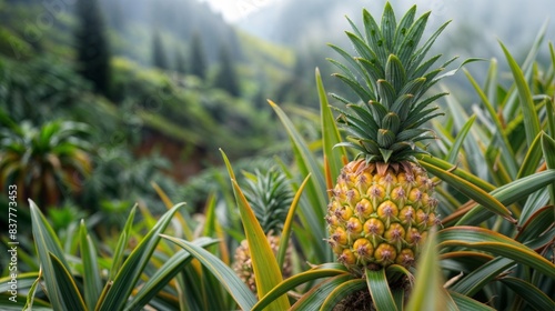 Pineapple plant growing in a tropical plantation