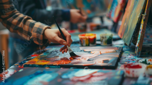 People expressing themselves doing art during an art therapy workshop, with paints, brushes, canvases. Therapeutic benefits of creativity and self-expression in mental health and emotional well-being