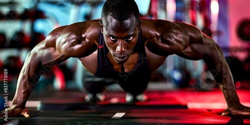 Black athlete doing pushups in gym sweating improving physical form. Concept Athlete, Pushups, Gym, Physical improvement, Sweat