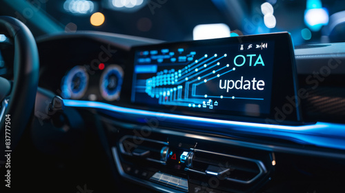 Over the air firmware update in automotive industry with a car cluster showing an over-the-air or OTA update on the screen