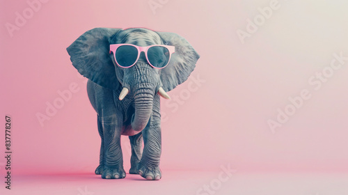 A baby elephant wearing sunglasses and pink glasses