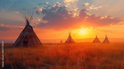 Native American village, tepees, vast plains close up, focus on, copy space Double exposure silhouette with prairie expanse