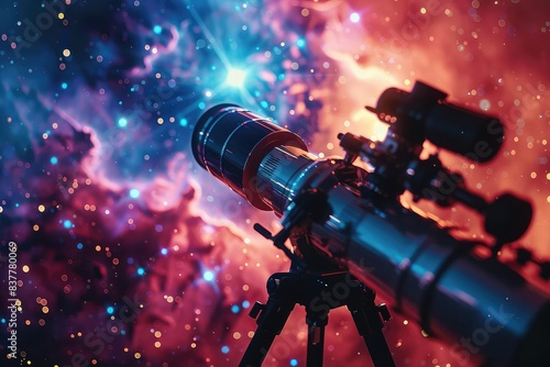 Observatory telescope, close up, focus on, copy space, vivid hues, Double exposure silhouette with celestial bodies
