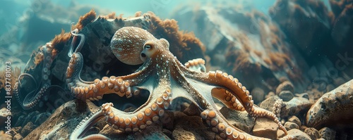 Octopus habitat, intelligent creature, rocky environment close up, focus on, copy space, detailed and fascinating, Double exposure silhouette with octopus