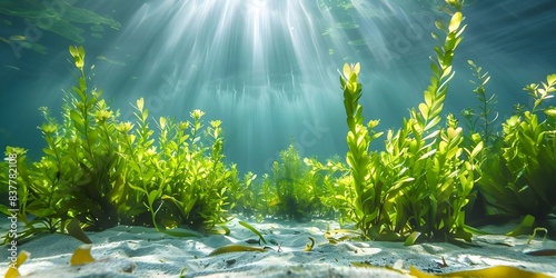 Kelp and seagrass act as natural carbon sinks in ocean ecosystems. Concept Marine Ecosystems, Carbon Sequestration, Kelp Forests, Seagrass Meadows, Climate Change