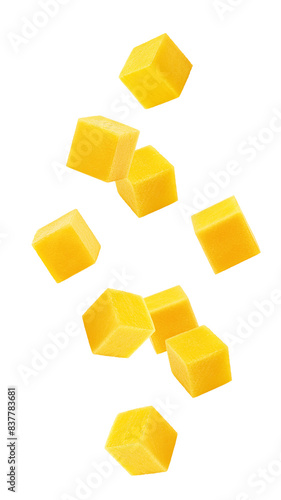 Falling Mango cube isolated on white background, full depth of field