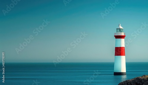 Red and white lighthouse, summer day, clear blue sky close up, focus on, copy space Double exposure silhouette with vibrant coastline