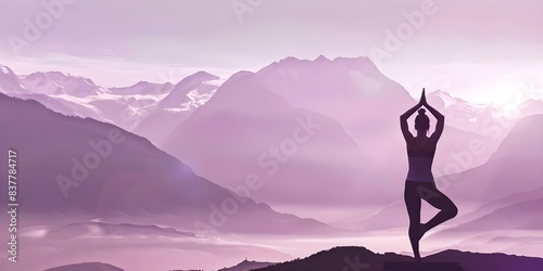 Yoga in the mountains Caucasian woman with copy space. Concept Yoga Poses, Mountain Landscape, Caucasian Model, Copy Space, Serene Environment