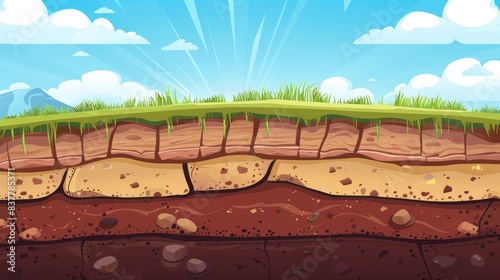 An underground soil layer, a modern ground texture, a cartoon garden dirt background, and a green grass surface. A brown clay structure, a geology illustration of nature, a topsoil field environment.