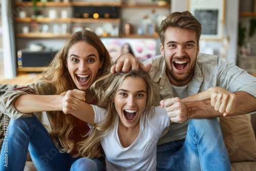 Three individuals seated on a sofa embracing