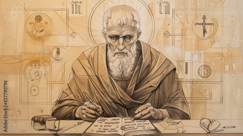 Saint Symeon Writing Mystical Works, Monastic Setting, Biblical Illustration, Beige Background, Copyspace