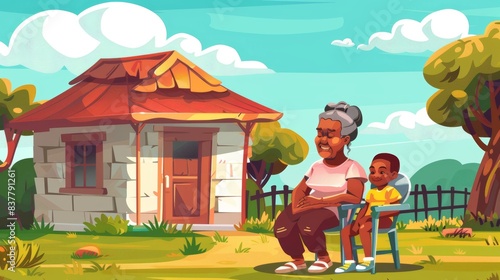 A black elderly woman sits on a chair with her child near a house in this illustration