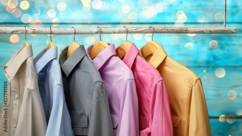  A row of differently colored shirts hangs before a blue wooden wall, accompanied by recessed bokeh lights in the background