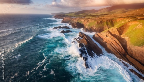 Aerial view of dramatic coastal cliffs with rugged rock formations, pounded by powerful ocean waves under a golden sunset. 