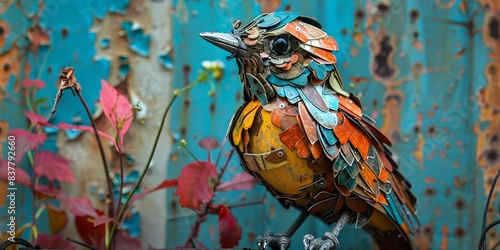 Unique bird sculpture made from upcycled materials.