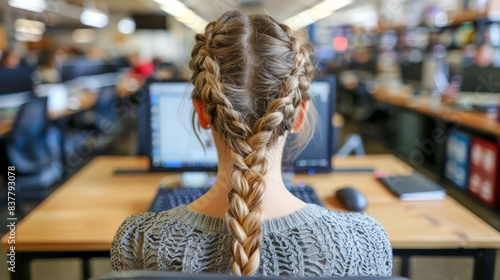  A woman's head turned, showing a fishtail braid cascading down her back She sat at a desk amidst an office environment filled with computers and busy colleagues in the