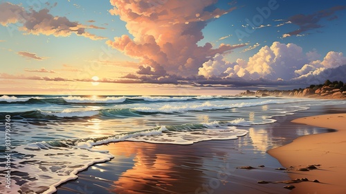 A tranquil beach scene with golden sands stretching into the distance, gentle waves lapping at the shore, and a brilliant sunset painting the sky in hues of orange and pink. Minimal and Simple,