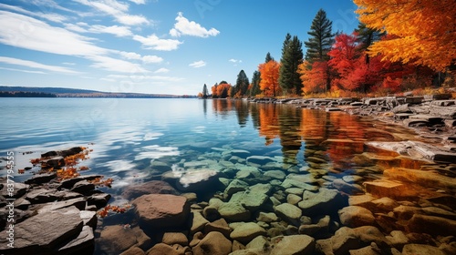 A panoramic view of a serene lake surrounded by autumn foliage, the vibrant reds, oranges, and yellows of the trees reflecting in the still waters. Minimal and Simple,