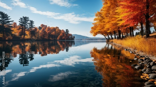 A panoramic view of a serene lake surrounded by autumn foliage, the vibrant reds, oranges, and yellows of the trees reflecting in the still waters. Minimal and Simple,