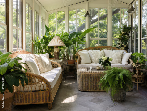 Tranquil Conservatory Interior with Lush Greenery and Cozy Seating