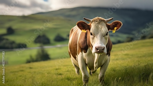 A cow in the green grass field
